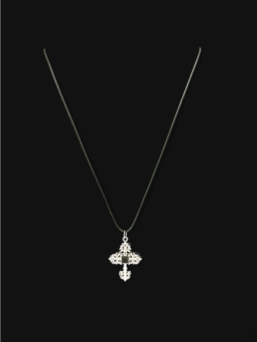 Gothic Cross Pendant Necklace Silver Tone Ornate Filigree Black Leather Cord